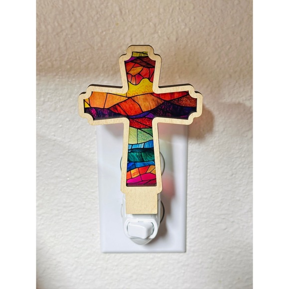 Bone and Bloom Other - Cross Night Light Plug In Religious Home Decor Stained Glass Look Handcrafted